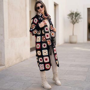 handmade crochet granny square cardigan & scarf set, boho afghan style duster coat