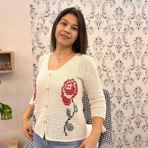 Crochet Cardigan,Vintage Style Rose Embroidered Jacket,Crochet Cotton Sweater for Women,Bohemian Cardigan, Birthday Gift, y2k
