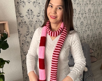 Hand Knitted Wool Scarf:Red-Pink Striped Winter Neck Warmer
