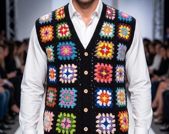 Chaleco de hombre de ganchillo hecho a mano, estilo abuela, cuadrado, colorido, de punto, patchwork, suéter bohemio vintage, ropa para festivales