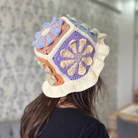 Women\'s Multicolor Crochet Bucket Hat Summer Beach White Cottagecore Bohemian Boho Rainbow Striped Crochet Bucket Hat Women main image 4