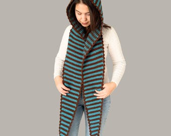 Hand-Knitted Hooded Scarf, Brown Turquoise Striped Balaclava