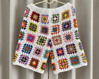 Pantalones cortos de abuela cuadrados de ganchillo hechos a mano, moda retro para festivales