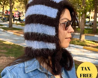Brown and Blue Handknit Balaclava,Mohair Bonnet,Striped Bonnet,Warm Soft Balaclava,For Her Gift,Christmas Gift,Handmade Gift