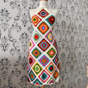 Crochet Granny Square Strap Dress,Colorful Boho Summer Dress,Festival Beach Dress,crochet mini dress, vintage dress,beach dress,Gift for Her
