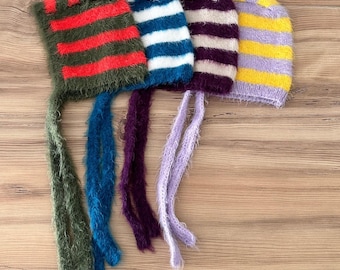 Hand-Knitted Bonnet,4 Different Handmade Striped Bonnets,Hand-Knitted Balaklava,Knitted Bonnet,Mohair Bonnet,Valentine's Day,Christmas Gift