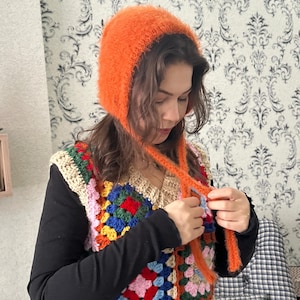 Knit Adult Bow Tie Bonnet,Handmade Bonnet,Handknit Bonnet,Orange Balaclava,Orange Bonnet,Mohair Bonnet,Valentines Day Gift,Personalized Gift