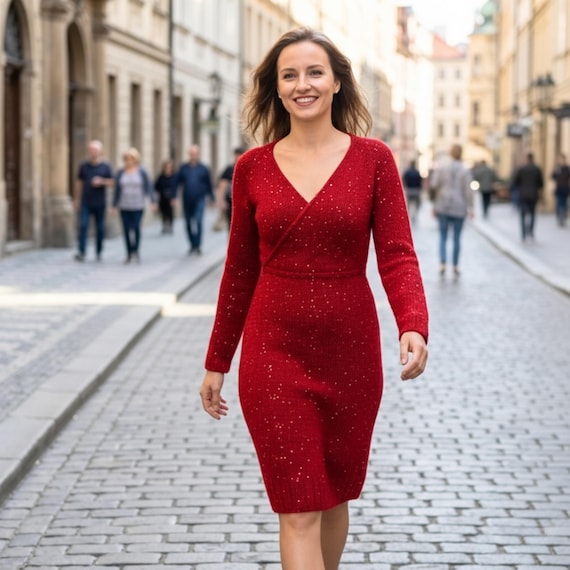 midi red winter dress for women Hand-Knitted Red Midi Dress, 80s party clothing