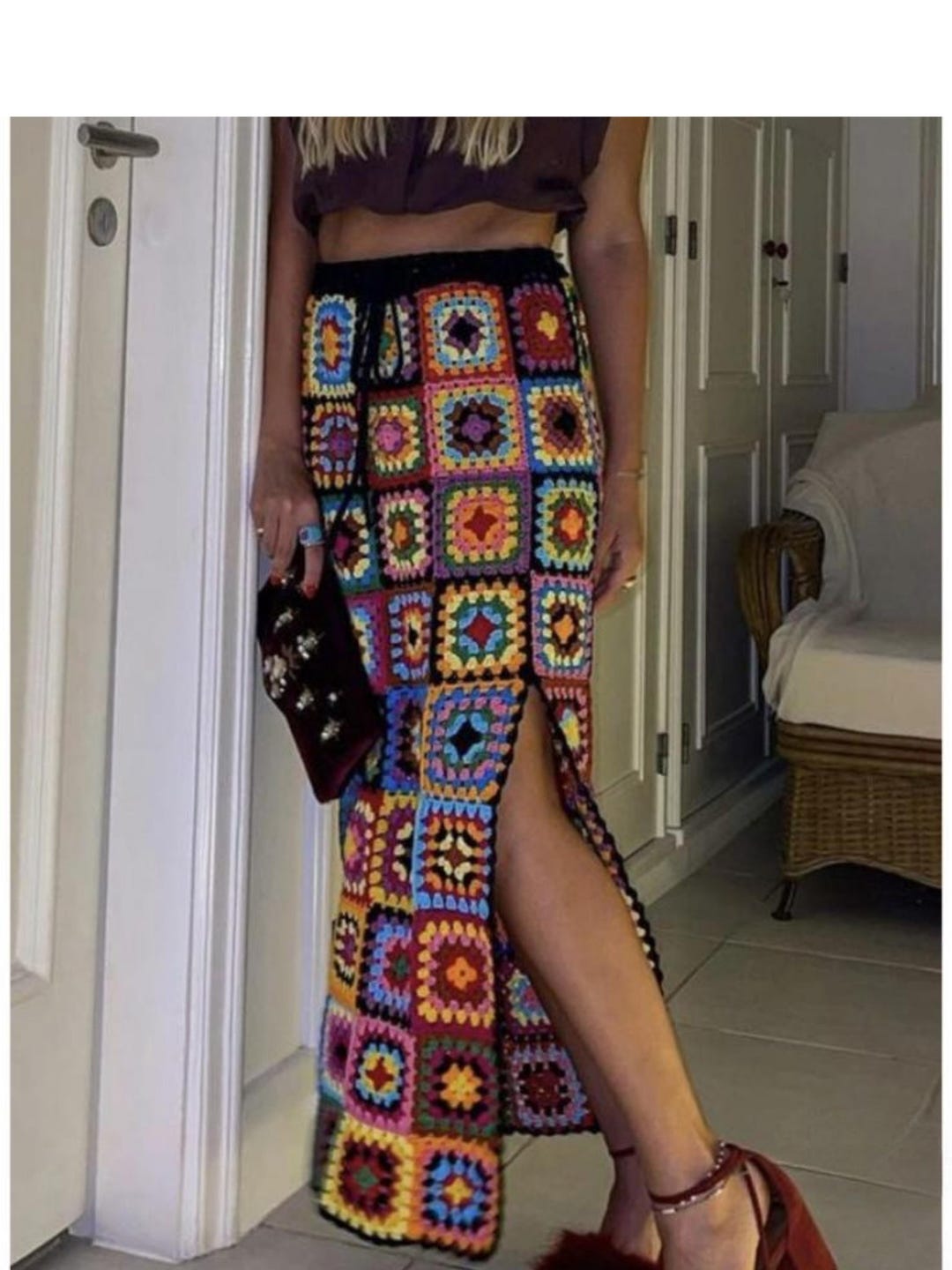 POL Floral Crochet Ruffled Waist Womens Maxi Skirt Granny Square Weave