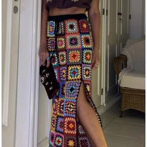 Crochet Granny Square Maxi Skirt,Vintage Style Women Clothing,Handmade Crochet Skirt,Boho Hippie Festival Skirt,Mothers Day,For Her Gift