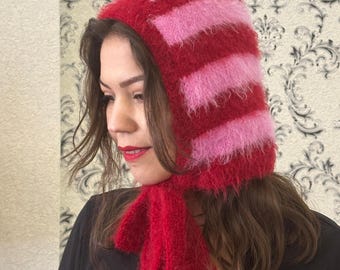 Crochet Balaclava,Handmade Bonnet, Handknit Balaclava,Red Balaclava,Knit Bonnet, Pink Bonnet, Mohair Bonnet,Valentines Day Gift,For Her Gift