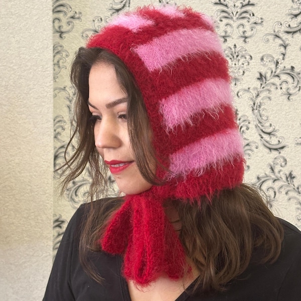 Crochet Balaclava,Handmade Bonnet, Handknit Balaclava,Red Balaclava,Knit Bonnet, Pink Bonnet, Mohair Bonnet,Valentines Day Gift,For Her Gift