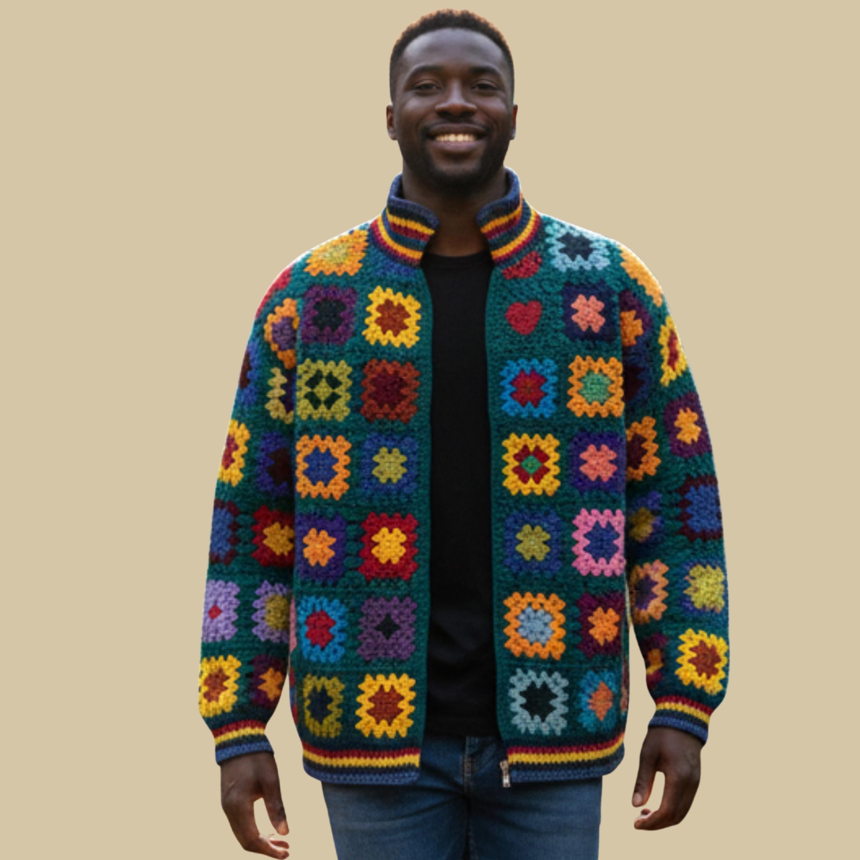 Handmade Crochet Granny Square Men Cardigan, Colorful Patchwork
