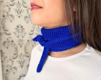 Handknit Mini Scarf:Blue Knitted Neckerchief, fall clothing,Personalized gift