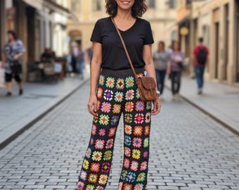 Crochet Granny Square Bohemian Style High-Waisted Pants