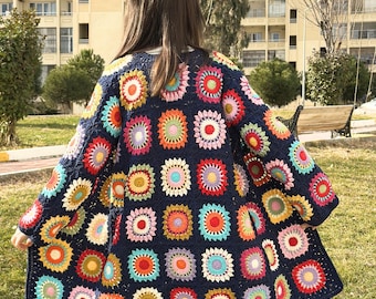 Cárdigan de cuadros estilo abuela, cárdigan de ganchillo, chaqueta midi multicolor, cárdigan bohemio, suéter patchwork estilo vintage, regalo para el Día de la Madre