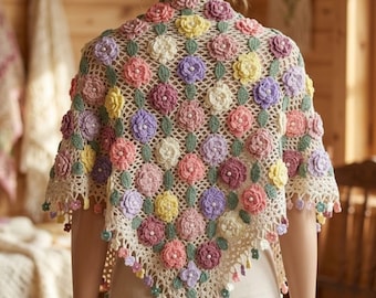 Boho Crochet Shawl, Handmade Floral Evening Wrap, 3D Flower Triangle Scarf, Cottagecore Fashion, Shoulder Wrap for Women