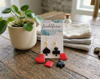 Card Suit Earrings | Polymer Clay Jewelry | Hearts, Diamonds, Clubs & Spades