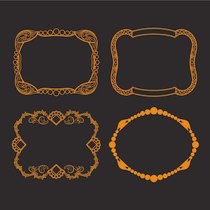 Könnte beinhalten: Vier verzierte, goldfarbene Rahmen mit aufwendigen Designs auf dunklem Grauton. Die Rahmen variieren in der Form, darunter rechteckig und oval, und weisen dekorative Elemente wie Wirbel, Punkte und geometrische Muster auf.