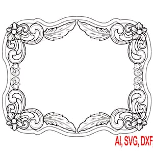 Pode incluir: Design de moldura ornamentada em preto e branco com detalhes florais e de folhas. A moldura tem formato retangular com bordas curvas e volutas decorativas. O texto no canto inferior direito diz "AI, SVG, DXF, PNG".
