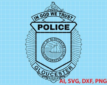 Placa de policía de la ciudad de Gloucester, logotipo, sello, personalizado, Ai, Vector, SVG, DXF, PNG, Digital