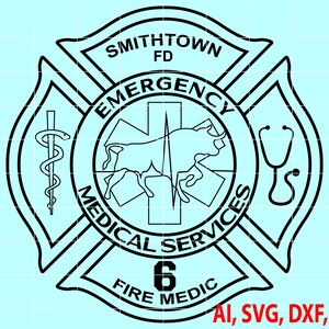 Puede incluir: Ilustración en blanco y negro de un emblema de bomberos con un toro, una serpiente y un estetoscopio. El emblema es una estrella de seis puntas con las palabras "Smithtown FD Emergency Medical Services Fire Medic 6" alrededor de la estrella.