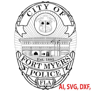 Puede incluir: Ilustración en blanco y negro de una placa de policía con el texto "City of Fort Myers Police" y "Est. 1885" dentro de una forma de escudo. La placa también presenta un edificio con una torre y el texto "FLA" en la parte inferior.