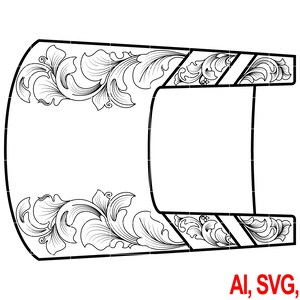 Könnte beinhalten: Schwarz-weiße Vektorgrafik eines dekorativen Designelements. Das Design zeigt eine gebogene Form mit verzierten floralen Schnörkeln entlang der Kanten und einen rechteckigen Abschnitt. Der Text "AI, SVG, DXF" befindet sich unten.