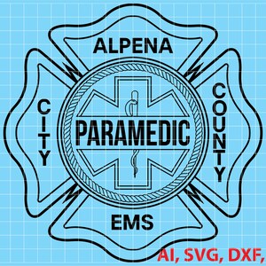 Pode incluir: Gráfico preto e branco de uma estrela com as palavras "Alpena City County EMS" e "Paramedic" dentro. A estrela tem um símbolo médico no centro.
