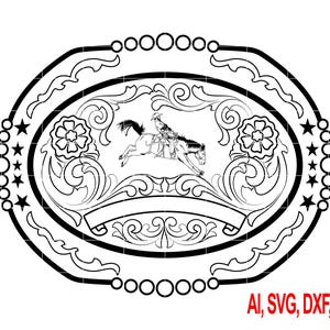 Puede incluir: Diseño de hebilla de cinturón ovalada en blanco y negro con un vaquero montando a caballo, detalles florales y estrellas. La hebilla tiene un borde decorativo con una serie de círculos. El texto "AI, SVG, DXF, PNG" está en la esquina inferior derecha.