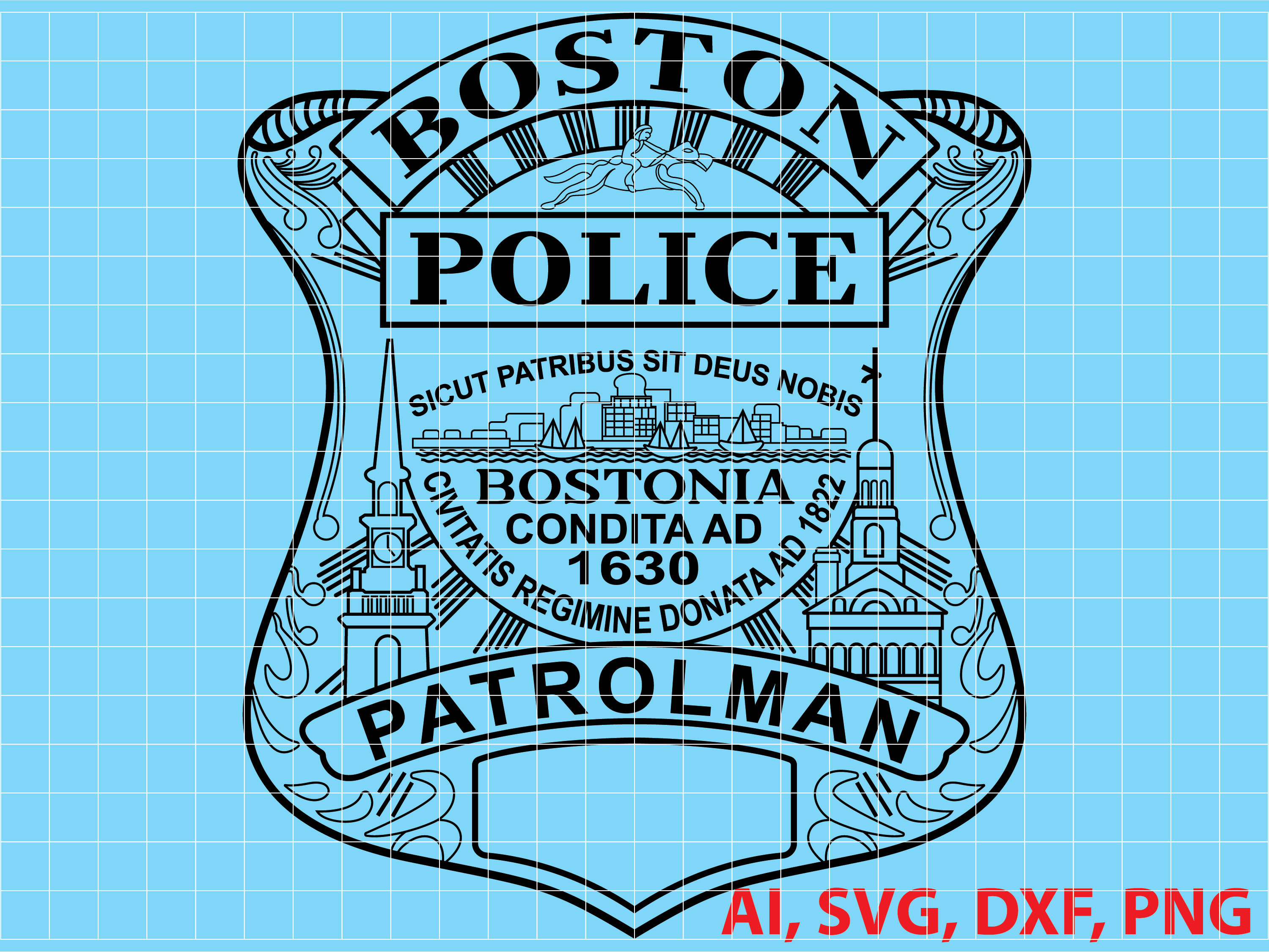 Boston Patrolman Police Badge, Logo, Seal, Custom, Ai, Vector, SVG, DXF