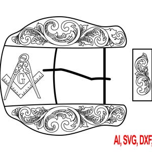 Könnte beinhalten: Schwarz-weiße Gürtelschnalle mit aufwendigen Schnörkeln und einem Freimaurersymbol. Die Schnalle zeigt ein Zirkel-und-Winkel-Design mit dem Buchstaben "G". Das Bild enthält auch ein kleines dekoratives Element mit Schnörkeln und dem Text "AI, SVG, DXF, PNG".