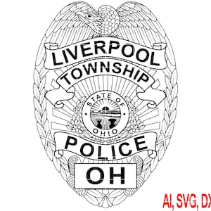 Puede incluir: Ilustración en blanco y negro de una placa de policía con el texto "Liverpool Township Police OH" y un águila estilizada sobre el texto.