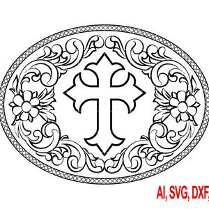 May include: Black and white oval design featuring a cross at the center, surrounded by floral and scrollwork patterns. The border is detailed with small circles. The image includes the text "AI, SVG, DXF, PNG" in red.