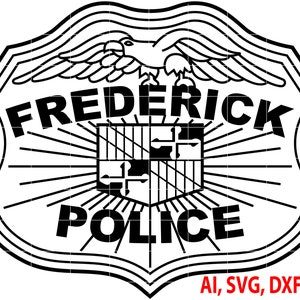 Op de afbeelding: Zwart-witte illustratie van een politiebadge met de woorden "Frederick Police" en een adelaarontwerp.