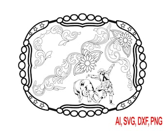 Archivo de grabado de hebilla de cinturón de rodeo: Diseño de volutas de vaquero occidental (Svg, Dxf, Png, Ai)