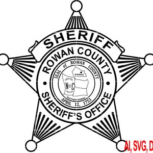 May include: Black and white illustration of a sheriff's badge with a five-pointed star. The badge says "Sheriff Rowan County Seal of Rowan County April 12, 1753 Sheriff's Office".