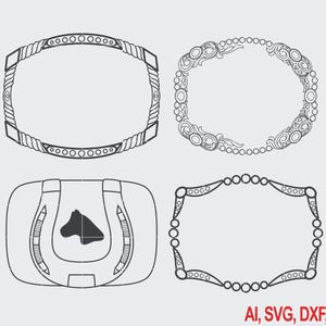 Op de afbeelding: Vier zwart-wit vectorgrafische ontwerpen. De ontwerpen omvatten twee ovale frames, één met een touwachtige rand en de andere met een sierlijk, wervelend patroon. Er is ook een rechthoekig frame met een kralenrand en een ontwerp van een paardenkop en hoefijzer.