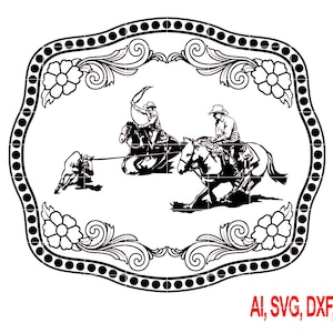 Puede incluir: Ilustración en blanco y negro de una escena de rodeo. Dos vaqueros a caballo lazando un toro, enmarcada por un borde decorativo con elementos florales. La imagen incluye el texto "AI, SVG, DXF, PNG" en rojo.