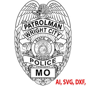 May include: Black and white line art illustration of a police badge with the text "PATROLMAN WRIGHT CITY STATE OF MISSOURI POLICE MO".