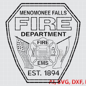 Pode incluir: Ilustração em preto e branco do emblema do departamento de bombeiros de Menomonee Falls. O emblema apresenta uma boca de incêndio, uma escada e as palavras "FIRE" e "EMS" dentro de um círculo. As palavras "Menomonee Falls Fire Department" e "EST. 1894" também estão incluídas no emblema.