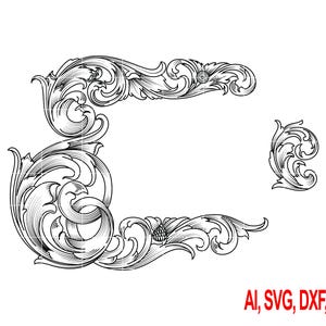 May include: Black and white ornate floral design elements. The image includes a large, stylized letter "C" shape, a smaller floral element, and a decorative horizontal flourish. Text at the bottom reads "AI, SVG, DXF, PNG".