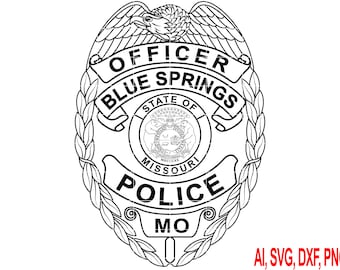 Insignia de policía de Blue Springs, Misuri, ilustración vectorial (AI, SVG, DXF, PNG y archivos digitales)