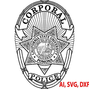 May include: Black and white illustration of a police badge with the text "CORPORAL" at the top, "POLICE" at the bottom, and "CALIFORNIA STATE UNIVERSITY POMONA" in the center.