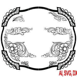 Könnte beinhalten: Schwarz-weißes Blumen- und Scroll-Design mit dem Text "AI, SVG, DXF, PNG". Das Design hat eine ovale Form mit dekorativen Elementen, darunter Blumen und Schnörkel, geeignet für digitale Kunstprojekte.