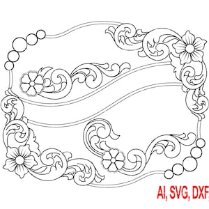 Puede incluir: Diseño de marco floral en blanco y negro con volutas y flores. El marco tiene forma rectangular con esquinas redondeadas y una serie de círculos a lo largo de los bordes superior e inferior. El texto "AI, SVG, DXF, PNG" está en la esquina inferior derecha.
