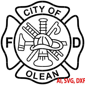 May include: Black and white City of Olean Fire Department emblem. The emblem features a Maltese cross design with the letters "F" and "D" on either side. The center includes a firefighter's helmet, ladder, axe, and other tools. Text at the top reads "CITY OF" and at the bottom "OLEAN".
