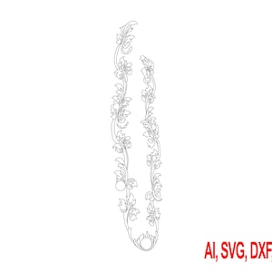 May include: Black and white vector illustration of two symmetrical floral design elements. The design features detailed leaves, flowers, and decorative flourishes. The text "AI, SVG, DXF, PNG" is in red.