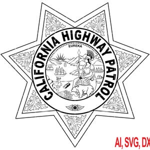 Op de afbeelding: Zwart-wit ontwerp van een California Highway Patrol-badge. De badge is stervormig met een binnenste cirkel met een gedetailleerde illustratie van het staatszegel, inclusief een beer, schepen en een vrouw. De tekst "CALIFORNIA HIGHWAY PATROL" en "EUREKA" zijn ook opgenomen.