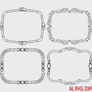 Op de afbeelding: Vier zwart-witte decoratieve framedesigns. Elk frame heeft een unieke vorm en sierlijke details. De rechter benedenhoek van de afbeelding bevat de tekst "AI, SVG, DXF, PNG".